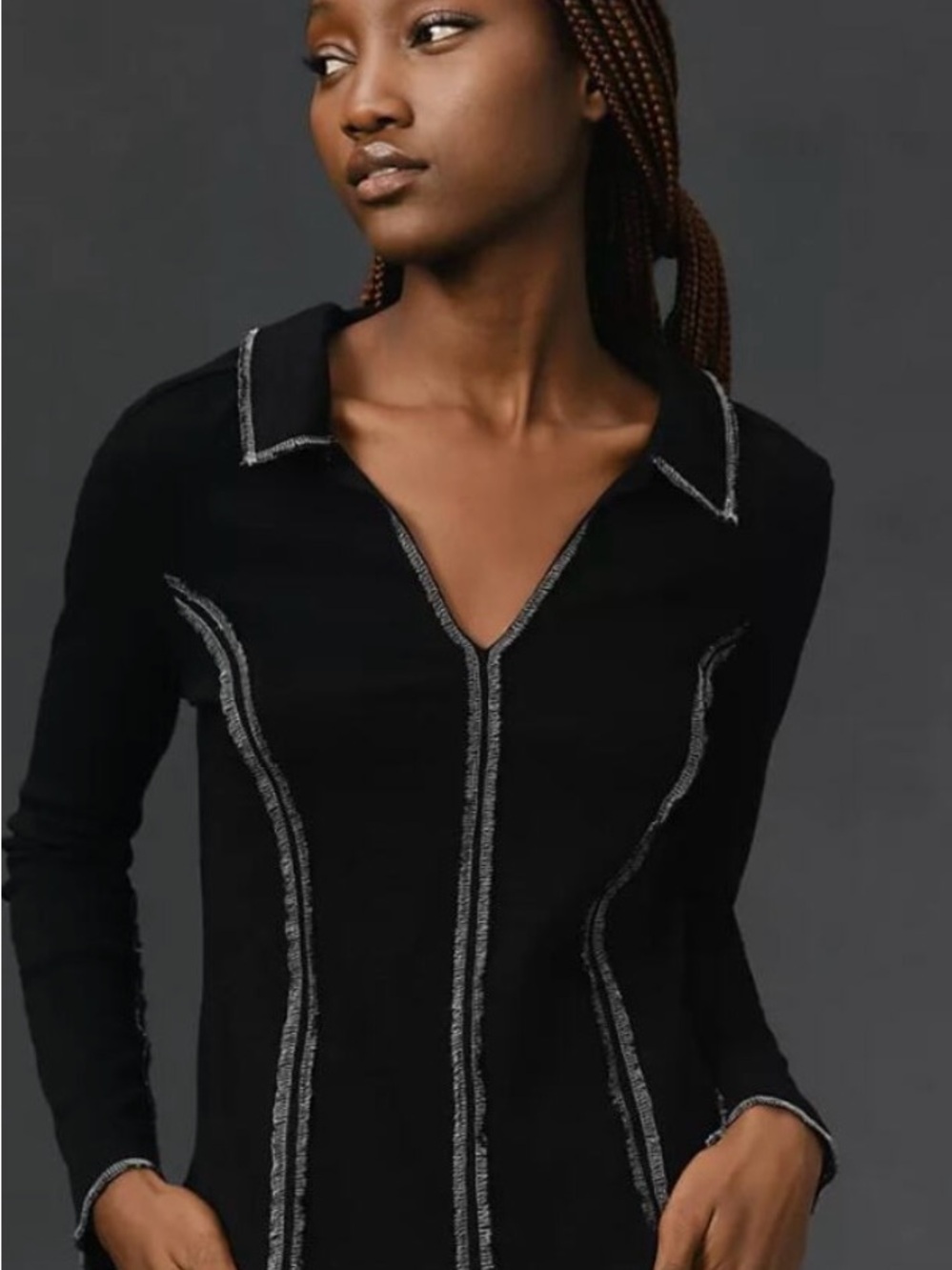 Pilcro Black Long Sleeve V-Neck Top with Contrast Stitching